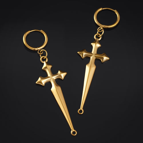 Hoop Earrings, Gold, Cross, Stainless Steel - Pair