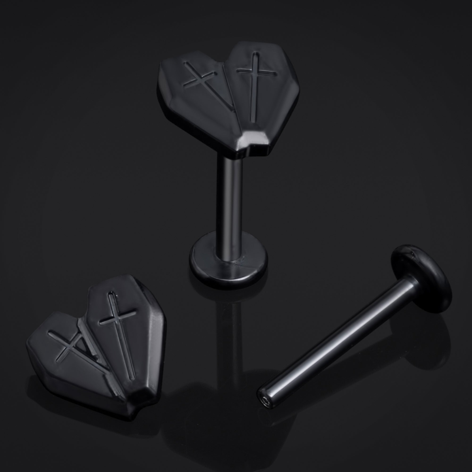 Black, Crossed Coffin Heart, Internally Threaded, Labret Stud, ASTM F136 Titanium, 1.2mm