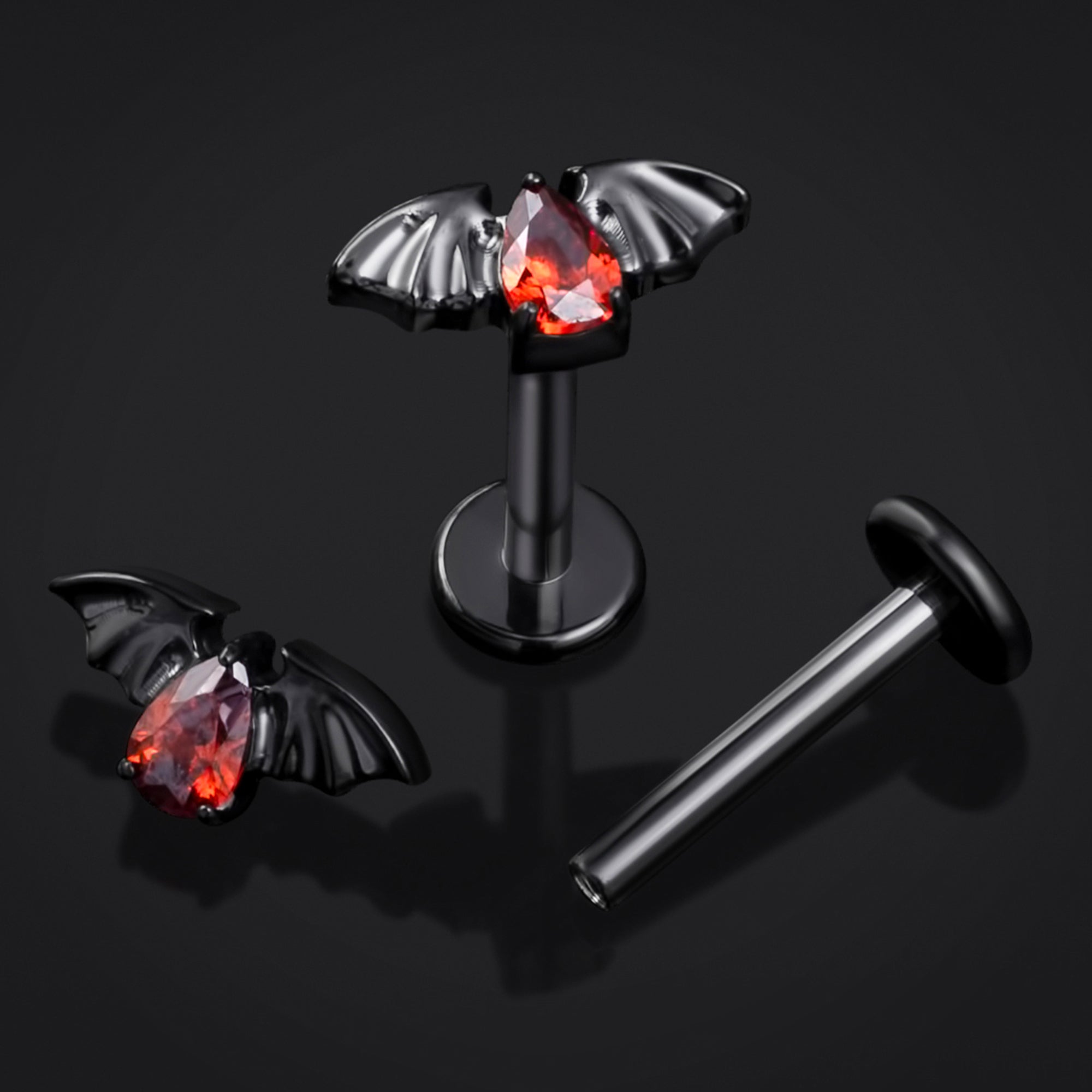 Red Jewelled Bat Black Internally Threaded Titanium Labret Stud 1.2mm Gauge