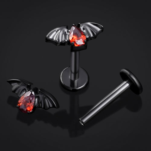 Red Jewelled Bat Black Internally Threaded Titanium Labret Stud 1.2mm Gauge
