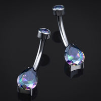 Piercing nombril, argenté, pierre goutte en oxyde de zirconium arc-en-ciel, filetage interne, titane