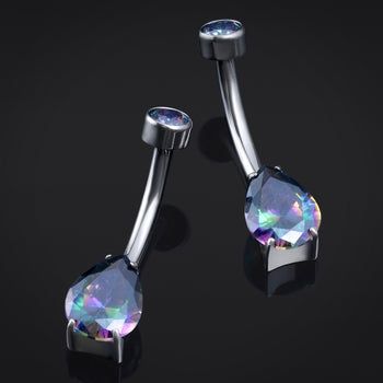 Bauchnabelpiercing, Silber, Doppelter lila CZ-Tropfenstein, Innengewinde, Titan, 1,6 mm Stärke