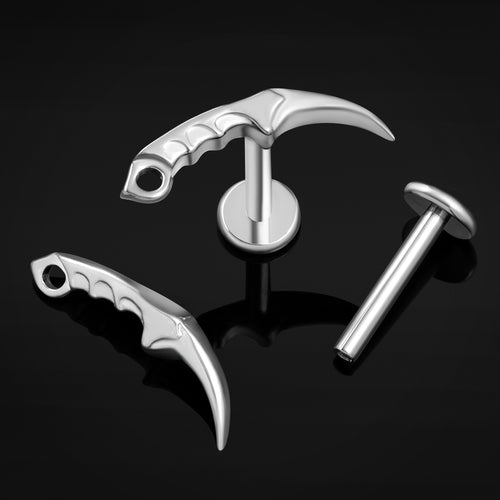 Silver Curved Dagger Internally Threaded Titanium Labret Stud 1.2mm Gauge