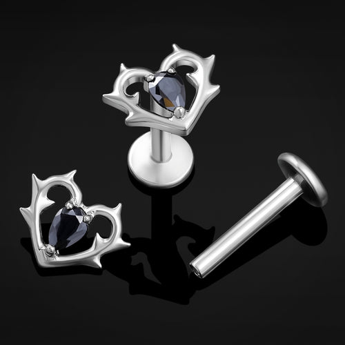 Black Jewelled Thorn Heart Internally Threaded Titanium Labret Stud 1.2mm Gauge