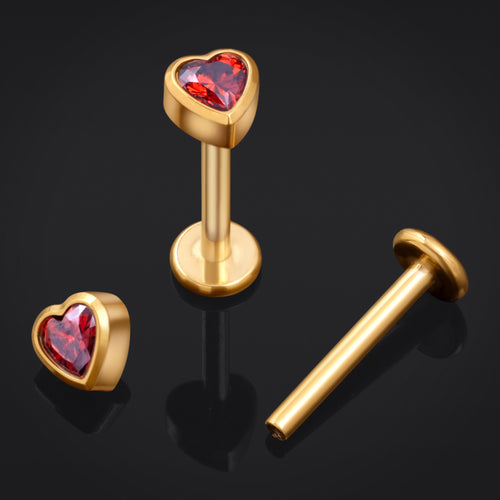 Gold Heart Red CZ Stone Internally Threaded Titanium Labret Stud 1.2mm Gauge