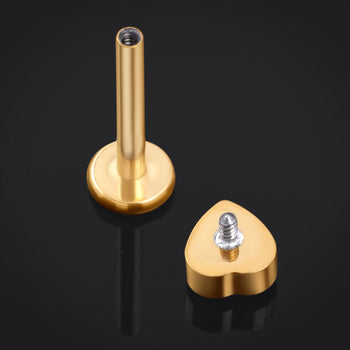 Gold Heart Clear CZ Stone Internally Threaded Titanium Labret Stud 1.2mm Gauge