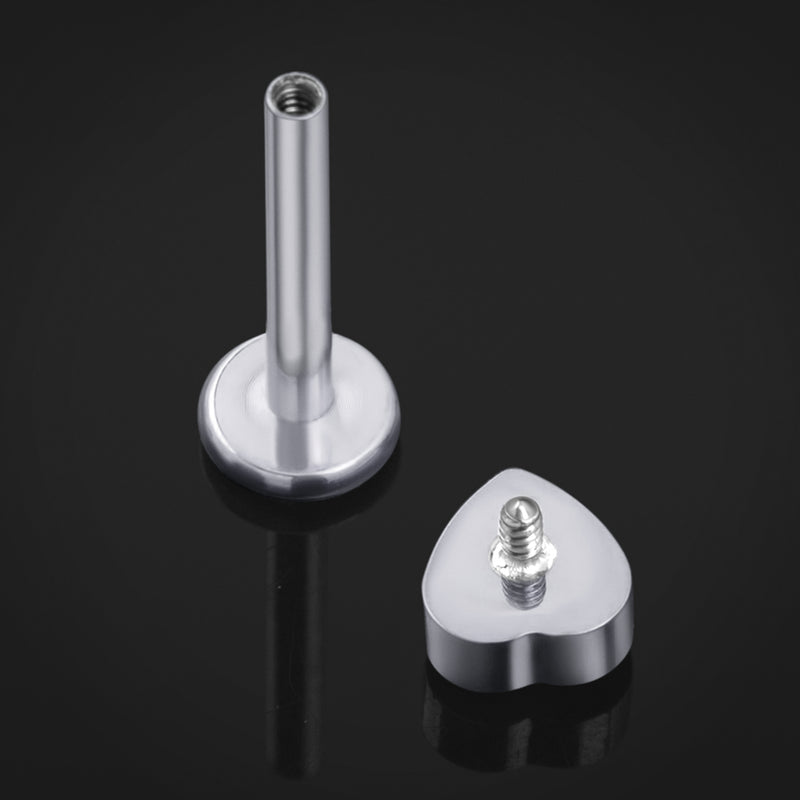 Piercing labret, argent, pierre CZ cœur transparente, filetage interne, titane, 1,2 mm