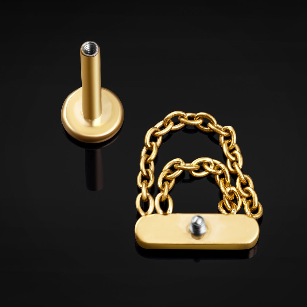 Titanium Internally Threaded Gold Bar Labret Stud With Chain Dangle 1.2mm Gauge - Internally Threaded Titanium Gold Bar Labret Stud With Chain Dangle - 8mm/10mm Internally Threaded / Alternative Jewellery / Lip / Nose / Ear