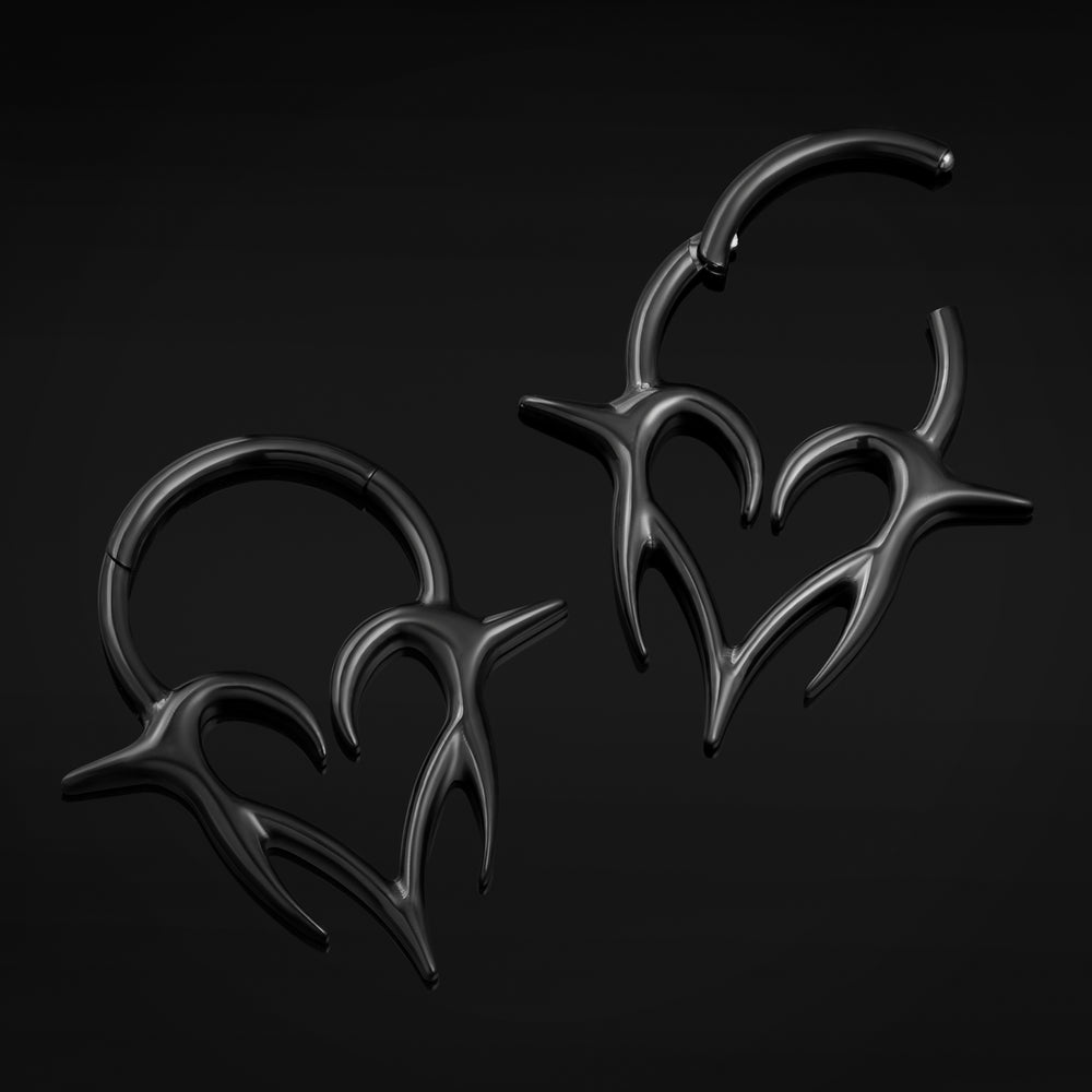 Black Neo Tribal Spiked Heart ASTM F136 Titanium Segment Clicker Septum Nose Ring - ASTM F136 Titanium Hinged Black Neo Tribal Spiked Heart Segment Ring for Nose / Septum 1.2mm 