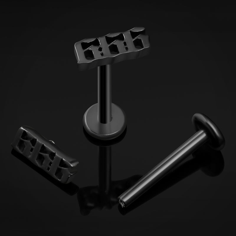 Piercing labret, noir, 666, filetage interne, titane, calibre 1.2mm