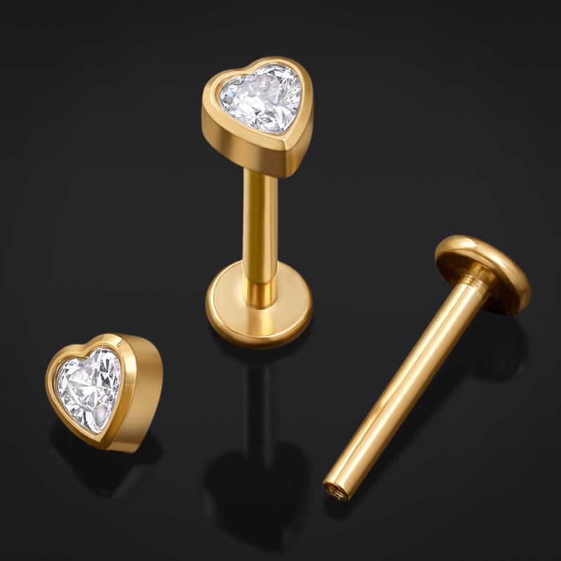 Piercing labret, or, pierre CZ cœur transparente, filetage interne, titane, 1,2 mm