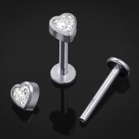Piercing labret, argent, pierre CZ cœur transparente, filetage interne, titane, 1,2 mm