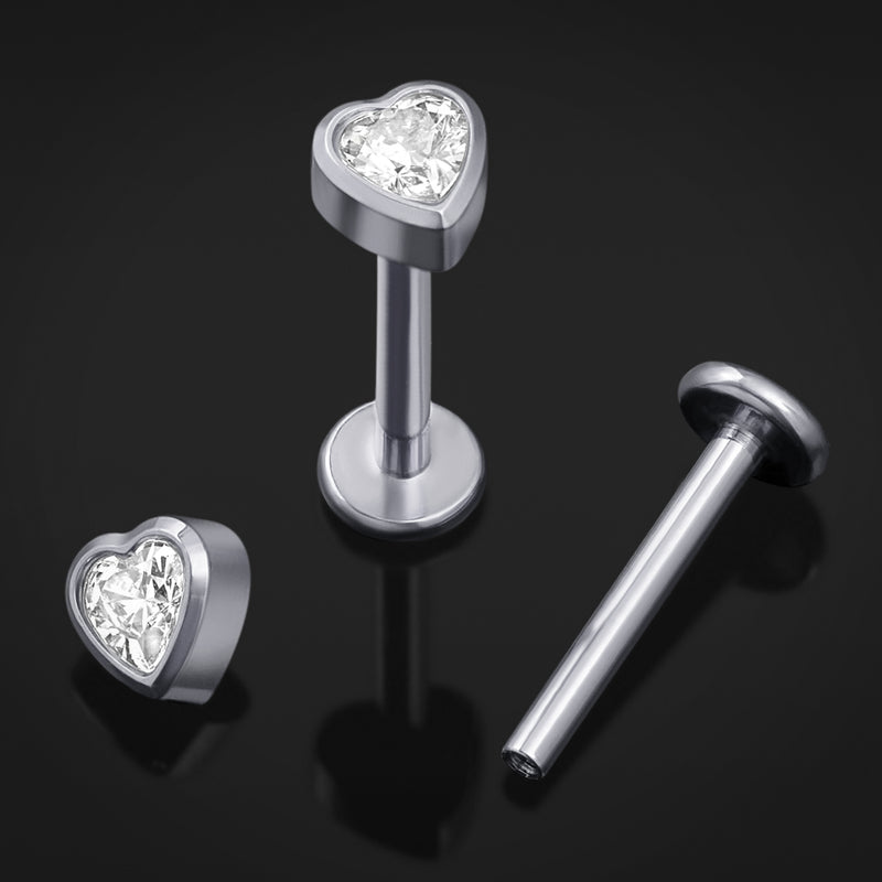 Piercing labret, argent, pierre CZ cœur transparente, filetage interne, titane, 1,2 mm