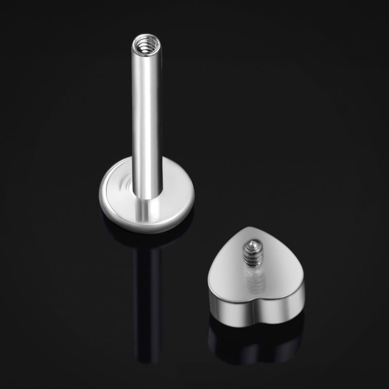 Piercing labret, argent, pierre CZ cœur rouge, filetage interne, titane, 1,2 mm