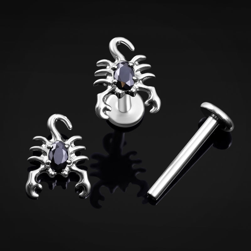 Labret, argent, scorpion serti noir, filetage interne, titane, 1.2mm