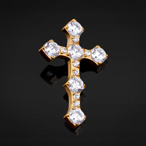 ASTM F136 Titanium Internally Threaded Gold Cross Labret Top With Clear Gems