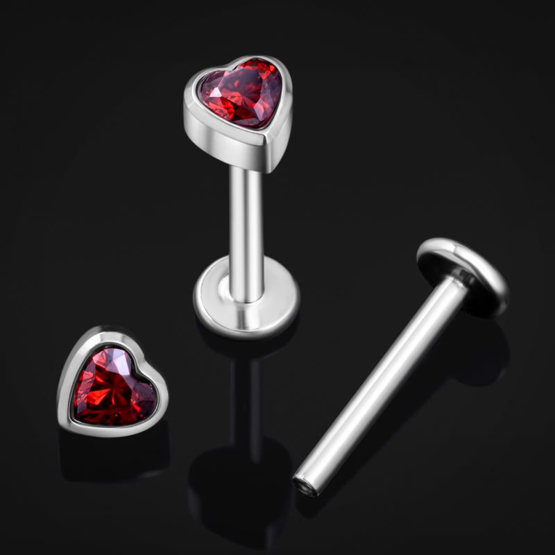 Piercing labret, argent, pierre CZ cœur rouge, filetage interne, titane, 1,2 mm