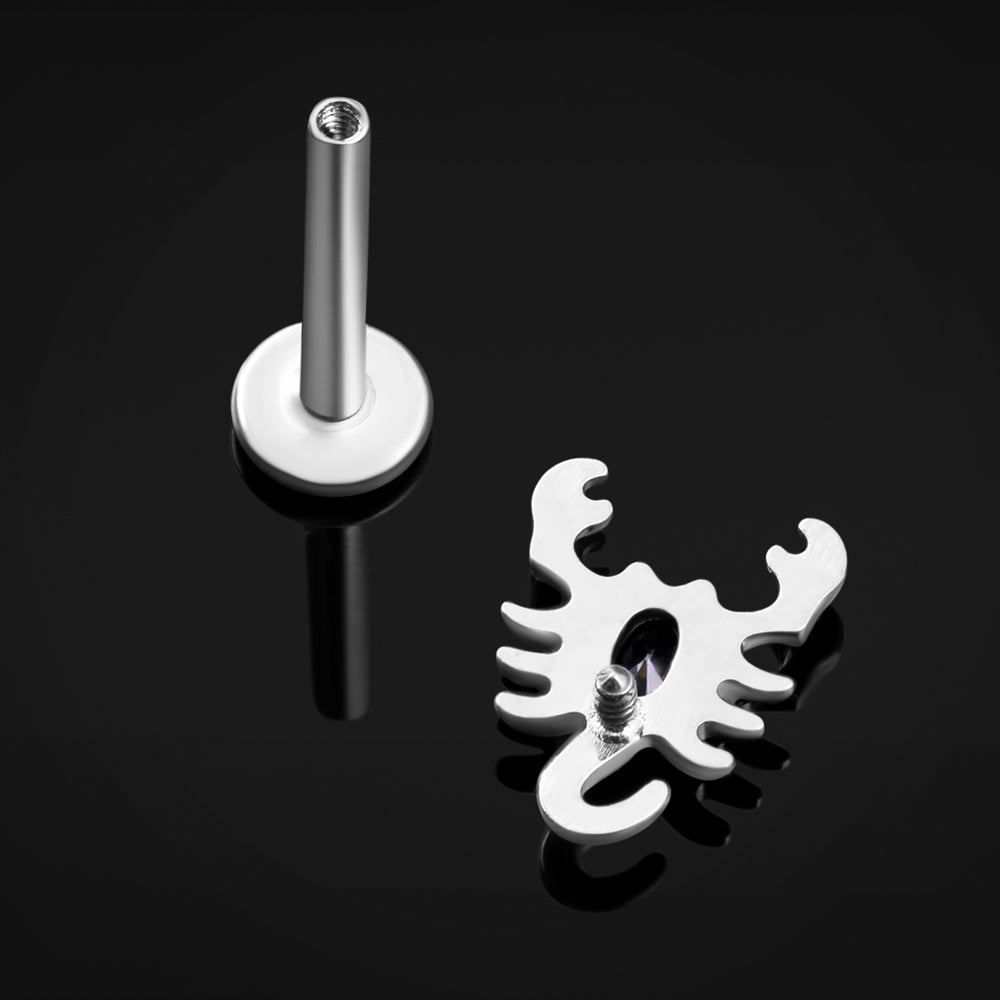 Titanium Internally Threaded Black Jewelled Silver Scorpion Labret Stud 1.2mm Gauge - Internally Threaded Titanium Silver Scorpion Labret Piercing - 8mm/10mm Internally Threaded / Alternative Jewellery / Lip / Nose / Ear  