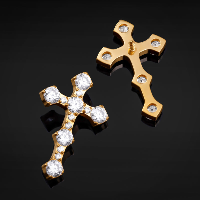 Embout de labret, or, croix sertie de pierres transparentes, filetage interne, titane