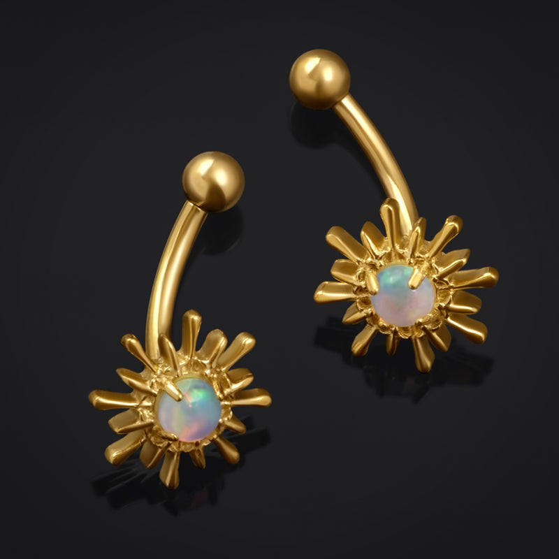 Labret vertical scintillant opale dorée, barbell courbé en titane à filetage interne, calibre 1,2 mm