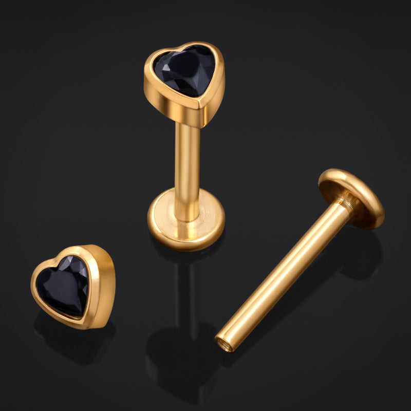 Clou pour labret, doré, pierre CZ cœur noir, filetage interne, titane, 1.2mm