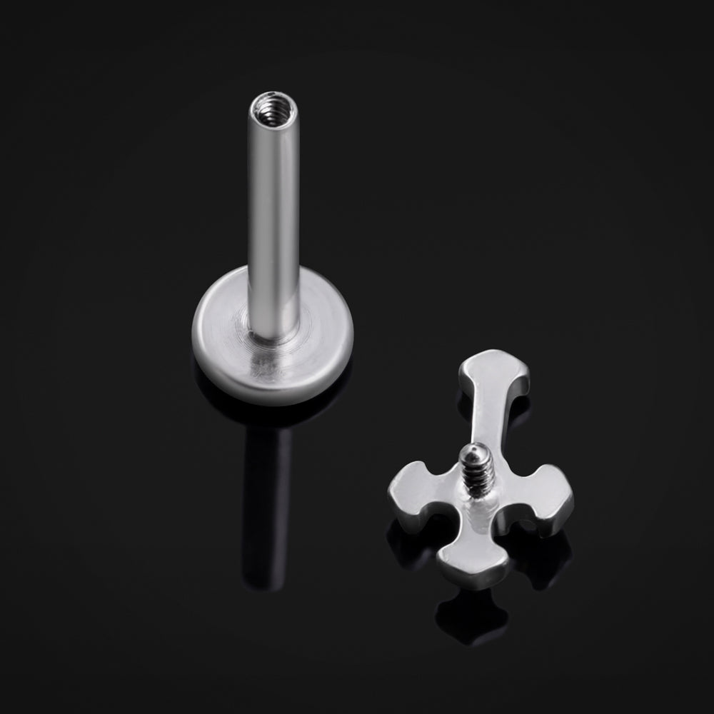 Titanium Internally Threaded Silver Jewelled Cross Labret Stud 1.2mm Gauge - Internally Threaded Titanium Silver Jewelled Cross Labret Piercing - 8mm/10mm Internally Threaded / Alternative Jewellery / Lip / Nose / Ear  