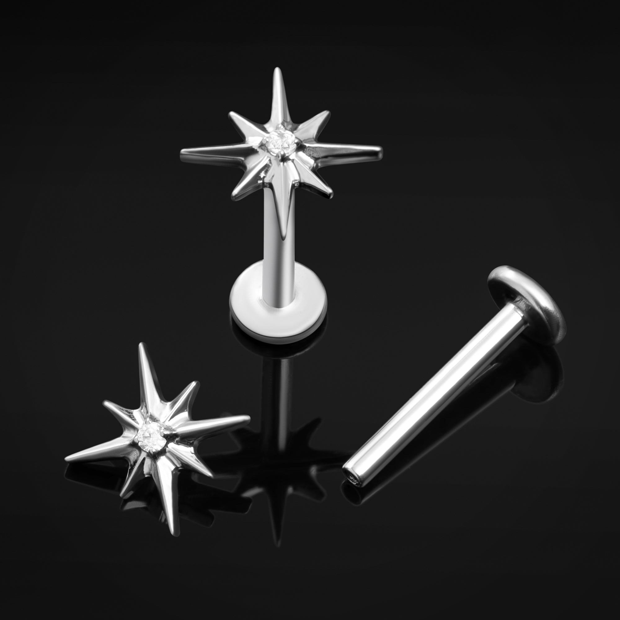 Labret Stud, Silver, Jewelled Star Top, Internal Thread, Titanium, 1.2mm