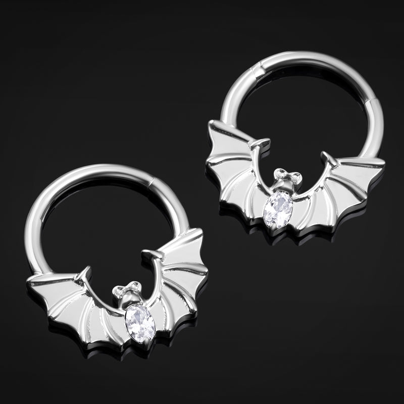 Anneau clicker de septum, argenté, chauve-souris sertie de pierres, titane ASTM F136, 1.2mm
