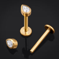 Piercing labret, doré, pierre CZ goutte transparente, filetage interne, titane, 1,2 mm