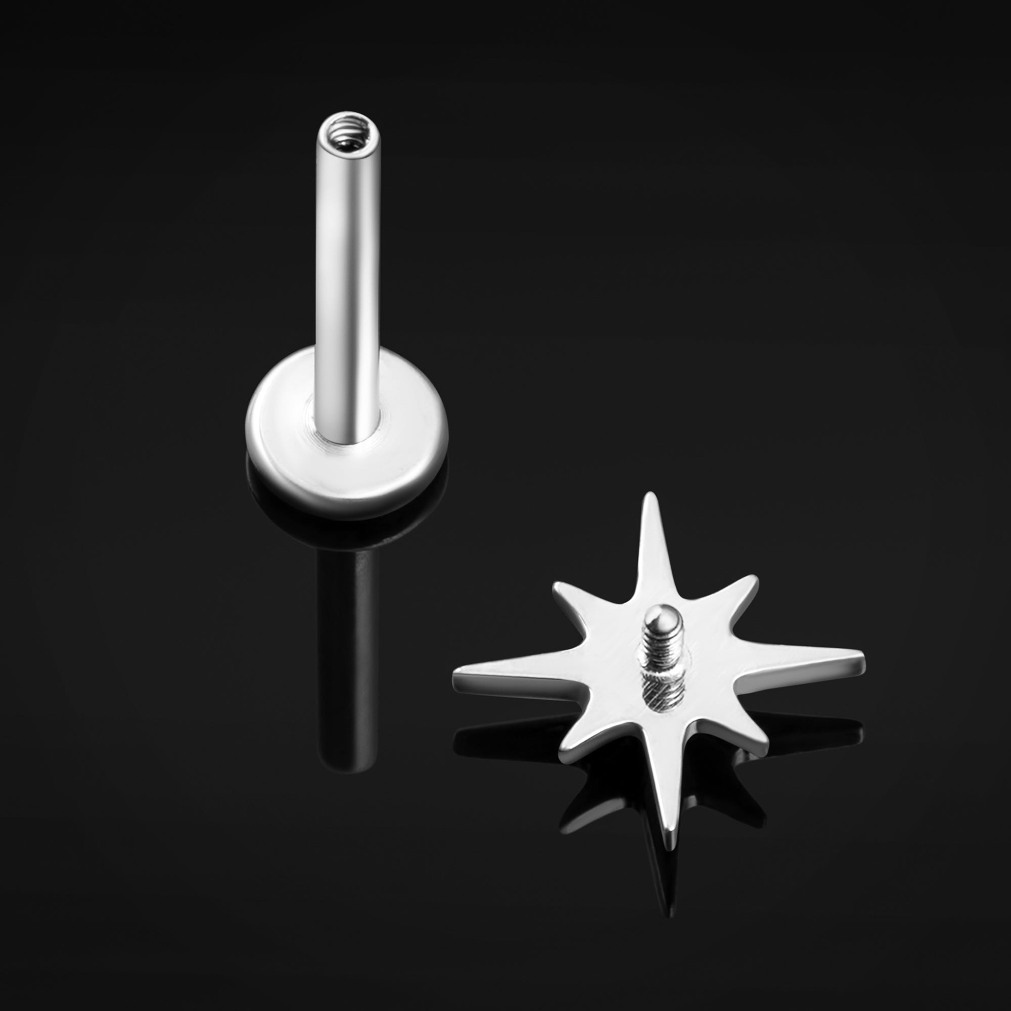 Labret Stud, Silver, Jewelled Star Top, Internal Thread, Titanium, 1.2mm