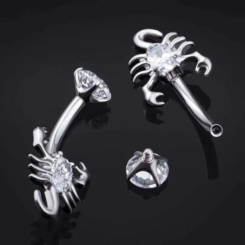Barre de Nombril, Argent, Scorpion Serti de Pierres, Filetage Interne, Titane, Calibre 1.6mm