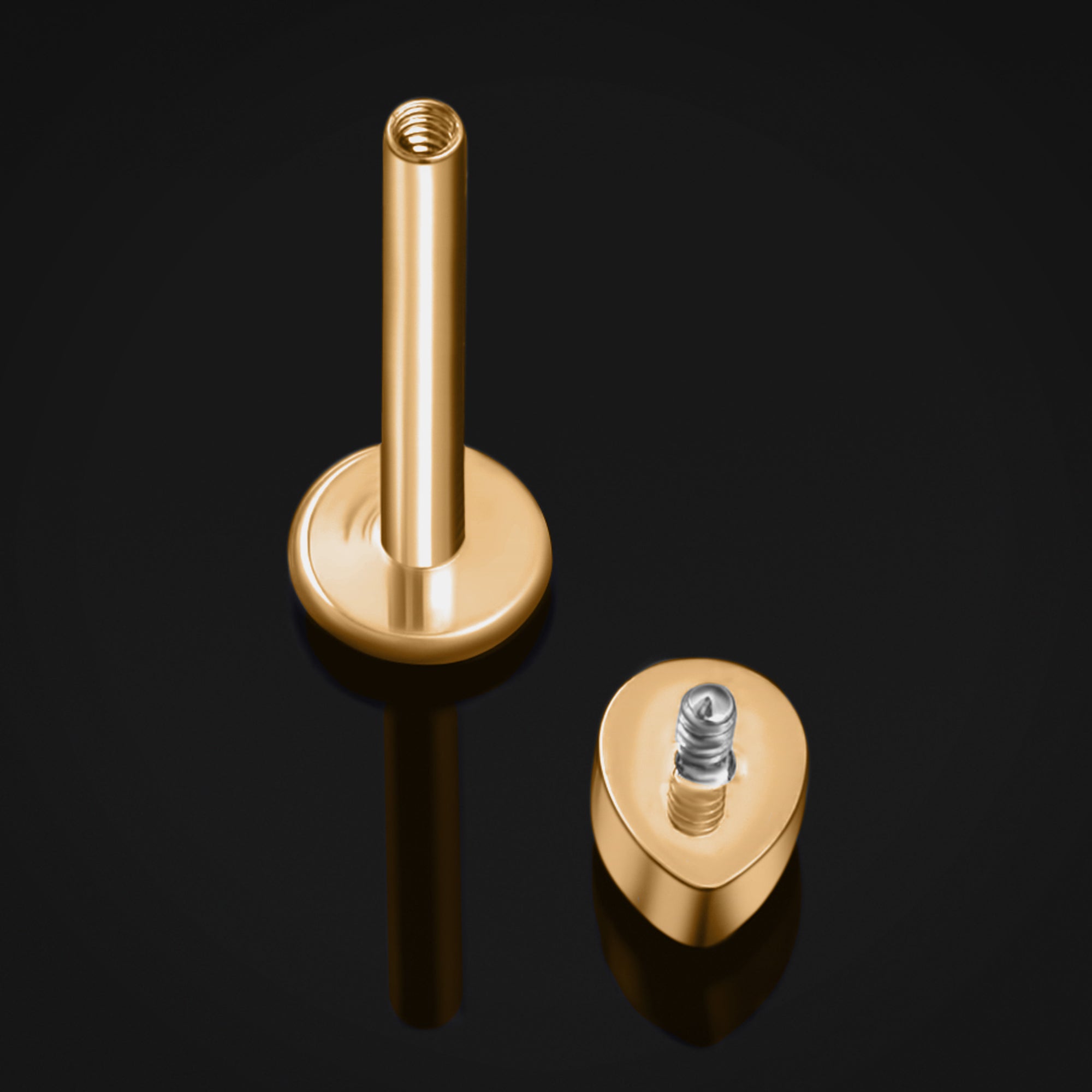 Labret Stud, Gold, Teardrop Red CZ Stone, Titanium, Internal Thread, 1.2mm Gauge