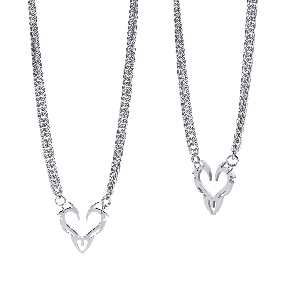 Silver Necklace with Spiked Tribal Heart Dangle - Barbed Wire Emo Necklace / Spiked Tribal Heart Dangle