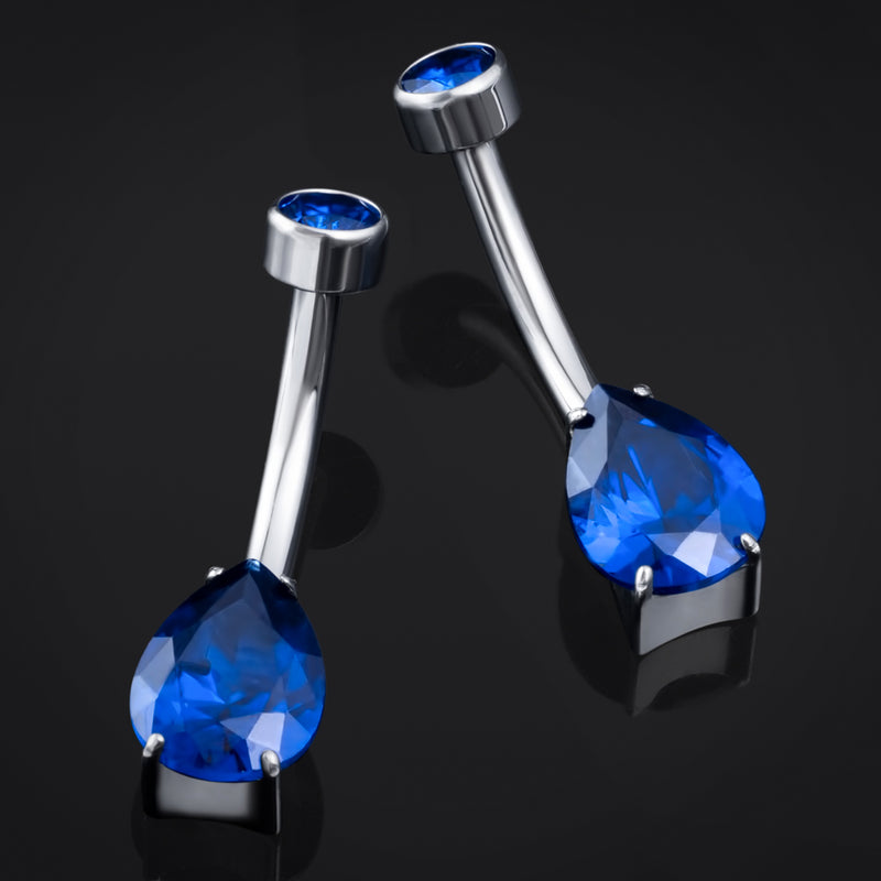 Piercing nombril, argent, pierre poire CZ bleu foncé, filetage interne, titane