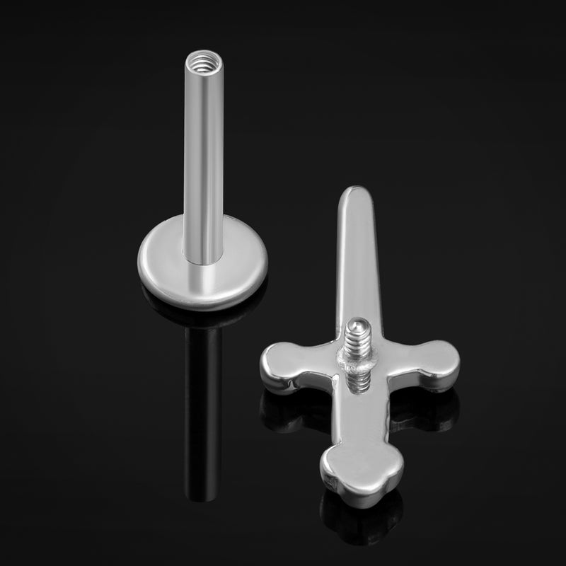 Clear Jewelled Silver Sword Internally Threaded Titanium Labret Stud 1.2mm Gauge