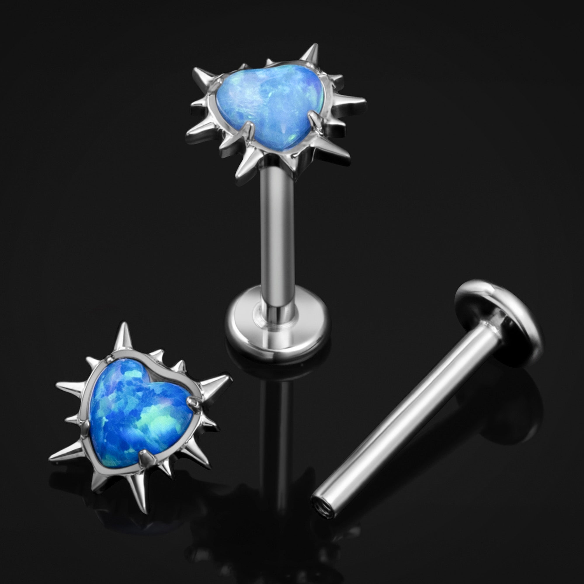 Silver Spiked Heart Blue Opal Internally Threaded Titanium Labret Stud 1.2mm Gauge
