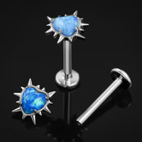 Clou labret en titane à filetage interne avec cœur à picots et opale bleue argentée calibre 1,2 mm