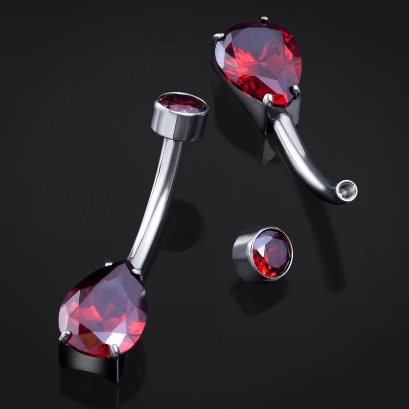 Piercing de nombril, argent, pierre goutte en zircone cubique rouge, filetage interne, titane