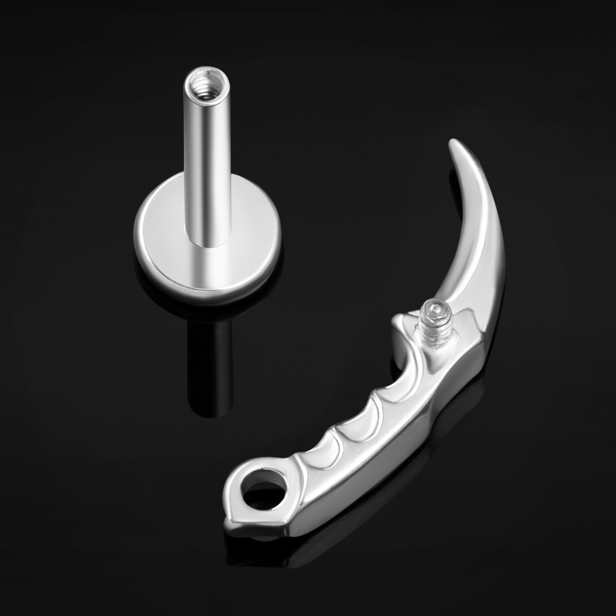 Labret Stud, Silver, Curved Dagger, Internally Threaded, Titanium, 1.2mm Gauge