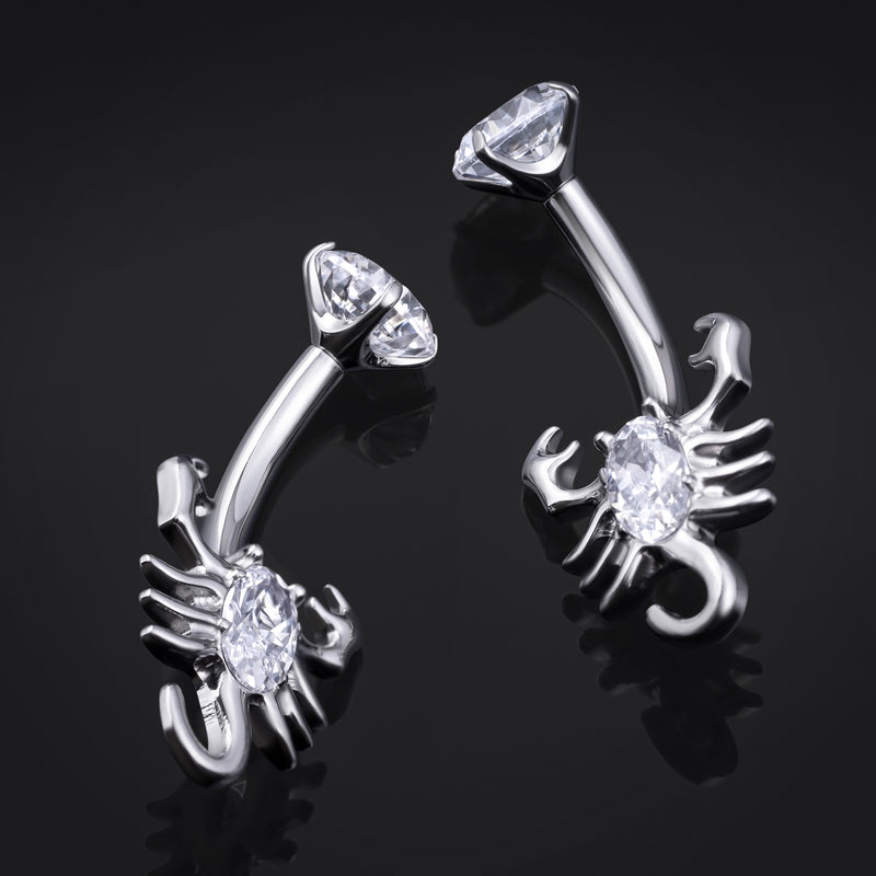 Barre de Nombril, Argent, Scorpion Serti de Pierres, Filetage Interne, Titane, Calibre 1.6mm