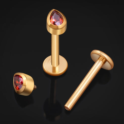 Gold Teardrop Red CZ Stone Internally Threaded Titanium Labret Stud 1.2mm Gauge