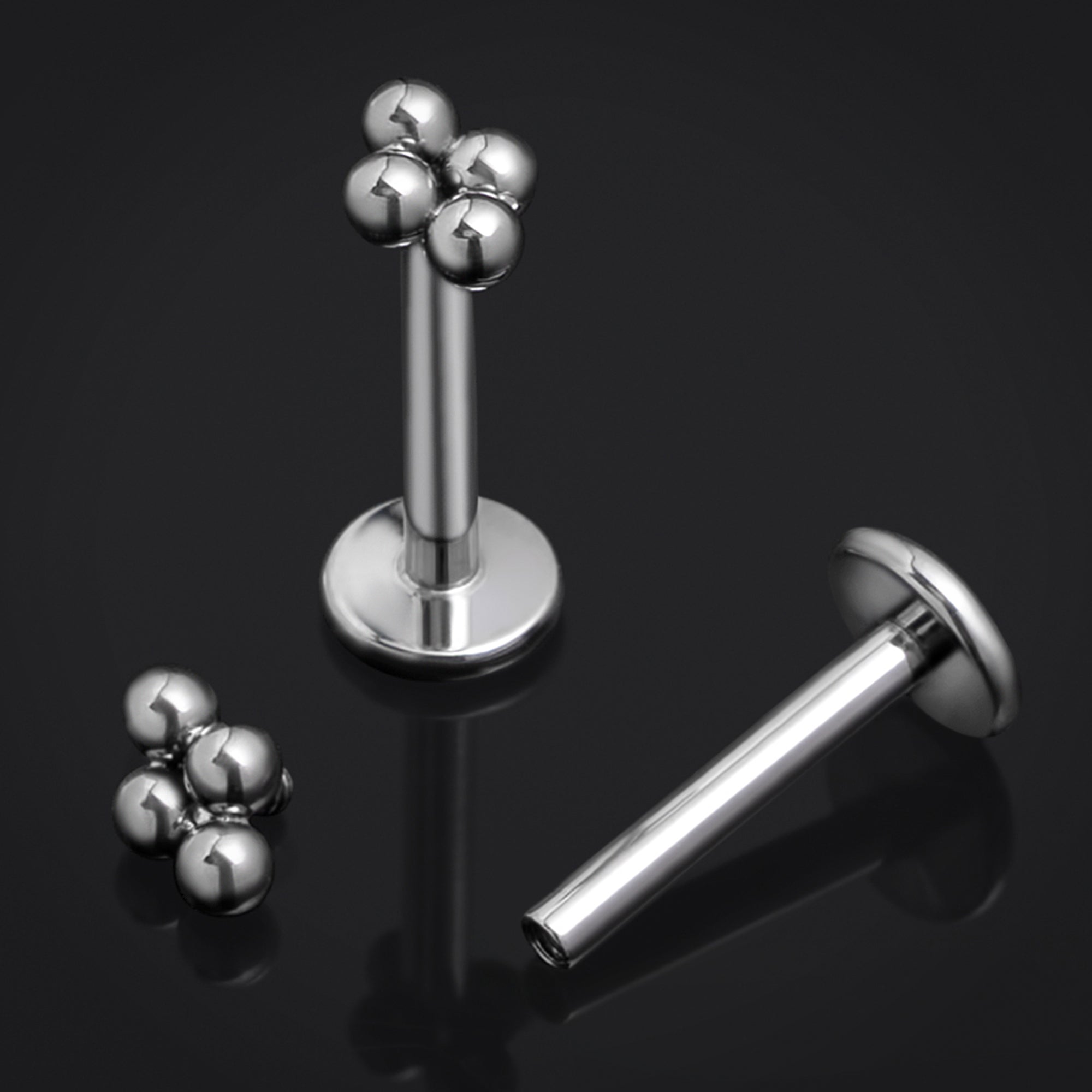 Silver, Four Bead Cluster, Internally Threaded, Labret Stud, Titanium