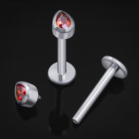 Labret, argent, pierre CZ rouge en forme de goutte, filetage interne, titane, 1.2mm