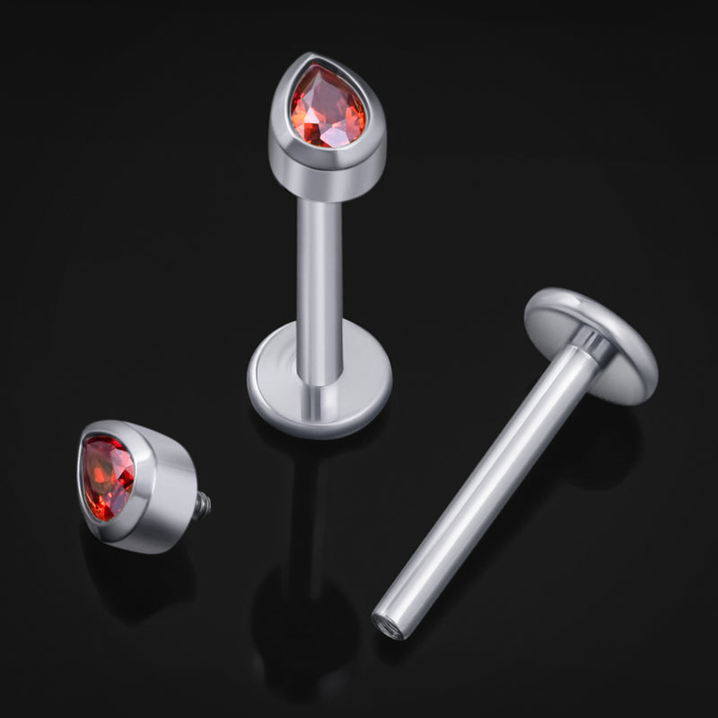 Labret, argent, pierre CZ rouge en forme de goutte, filetage interne, titane, 1.2mm