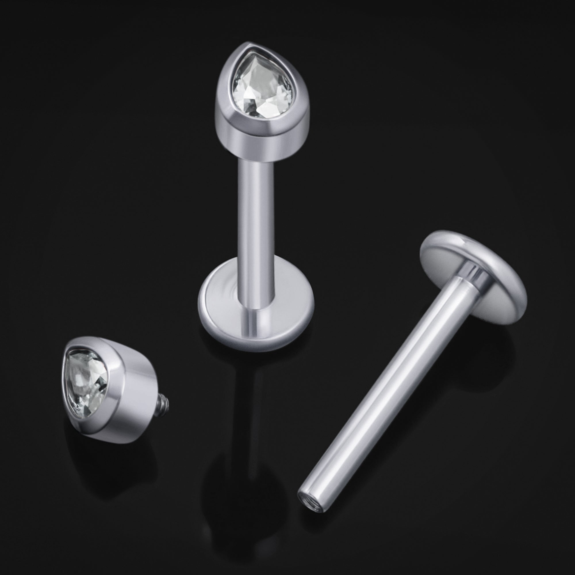 Labret Stud, Silver, Teardrop CZ Stone, Internal Thread, Titanium, 1.2mm