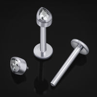 Piercing labret, argenté, pierre CZ en goutte, filetage interne, titane, 1,2 mm
