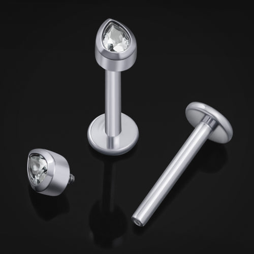Silver Teardrop Clear CZ Stone Internally Threaded Titanium Labret Stud 1.2mm Gauge
