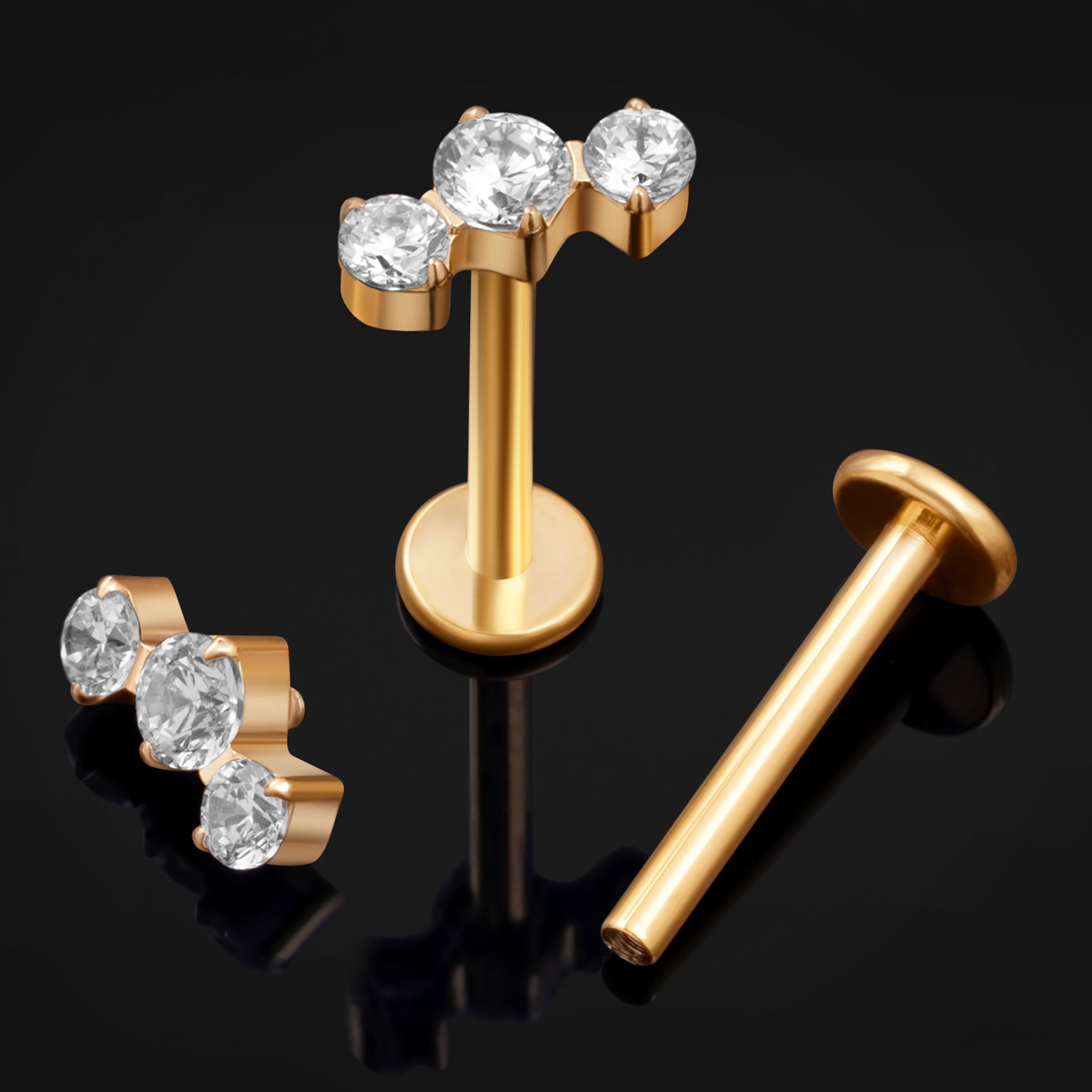 Labret Stud, Gold, Triple CZ Stone Cluster, Internally Threaded, Titanium