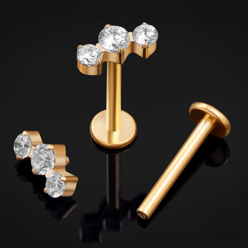 Gold Triple CZ Stone Cluster Internally Threaded Titanium Labret Stud 1.2mm Gauge