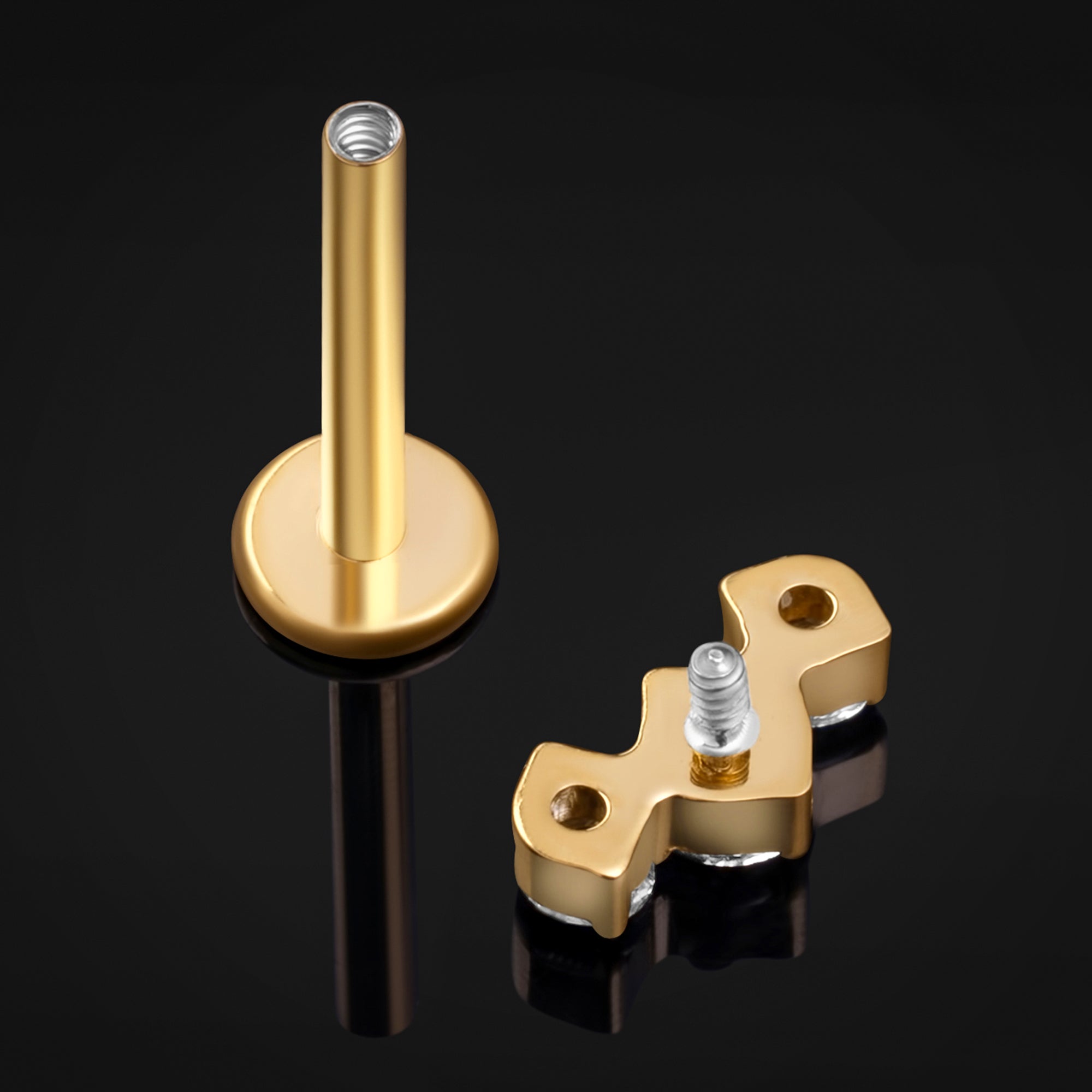 Labret Stud, Gold, Triple CZ Stone Cluster, Internally Threaded, Titanium